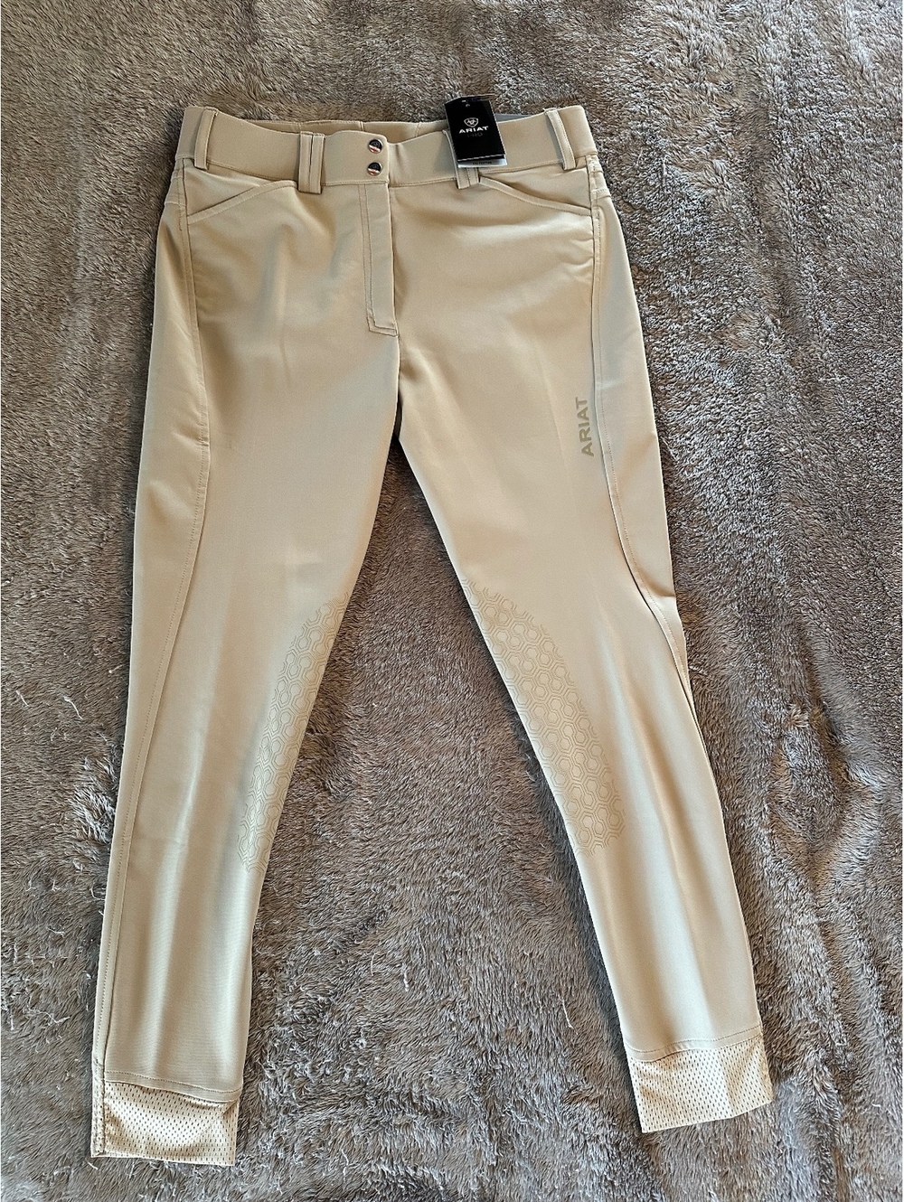 NWT Ariat Women's Tri Factor Grip Knee Patch Breeches Tan Beige 32L 32 Long